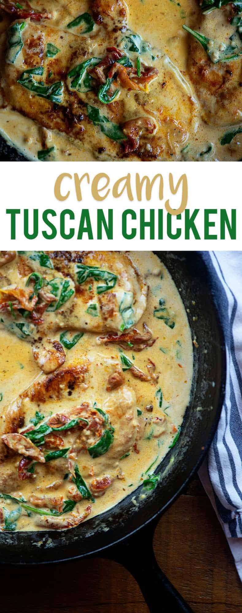 cast iron skillet with cooked creamy tuscan chicken