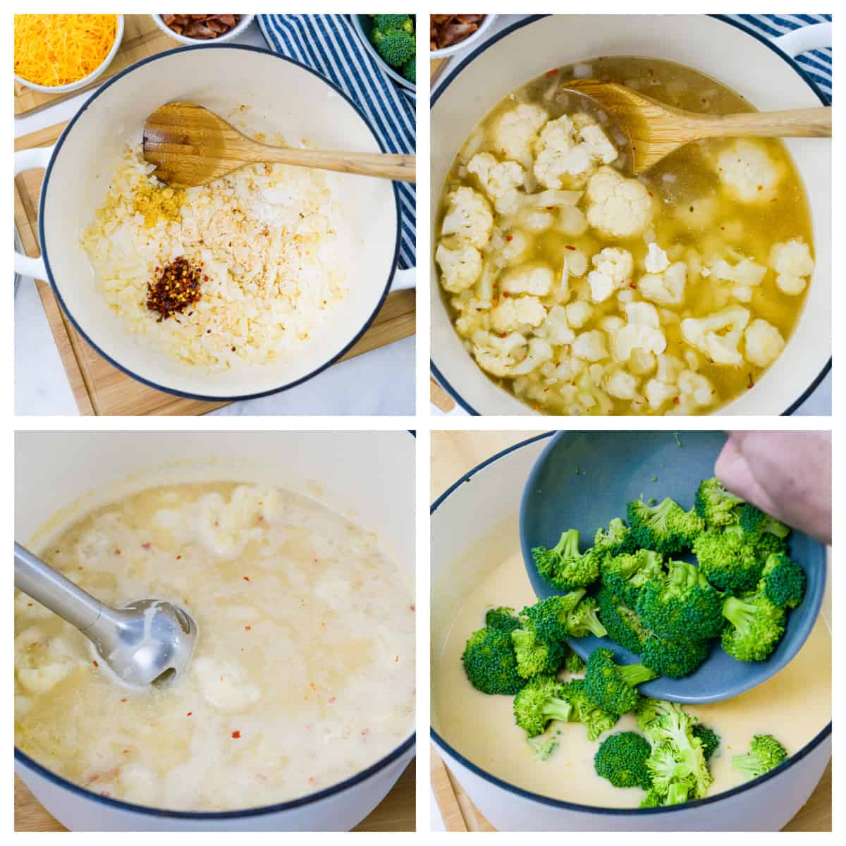 Collage showing how to make broccoli cauliflower soup.