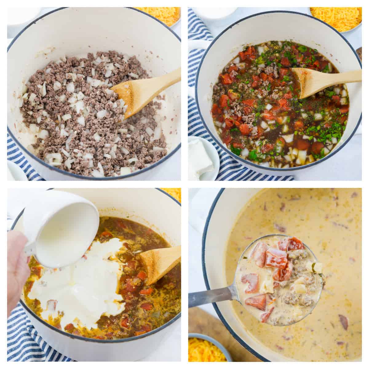 Collage showing how to make bacon cheeseburger soup recipe.