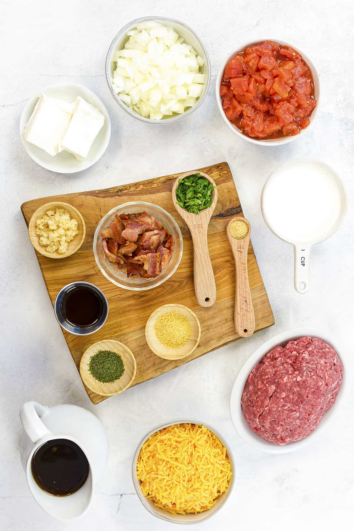 Ingredients for keto cheeseburger soup recipe.