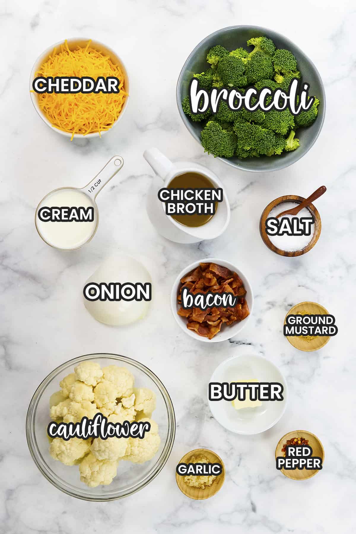 Ingredients for broccoli cauliflower soup recipe.