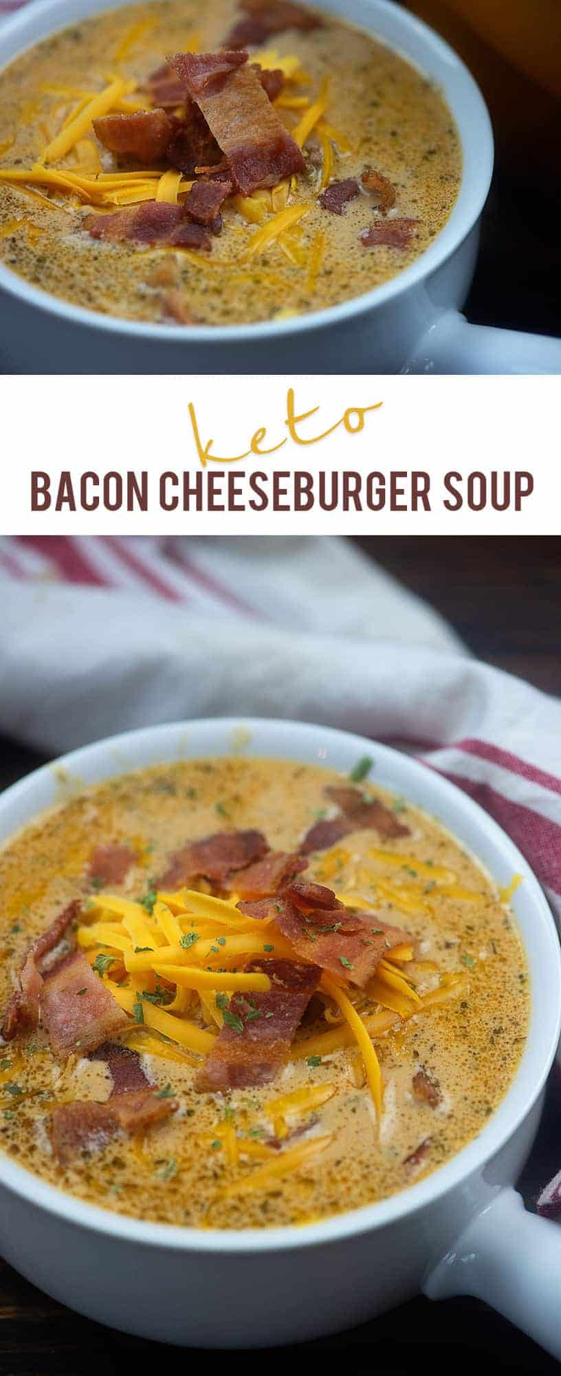white bowl of bacon cheeseburger soup with shredded cheese on top