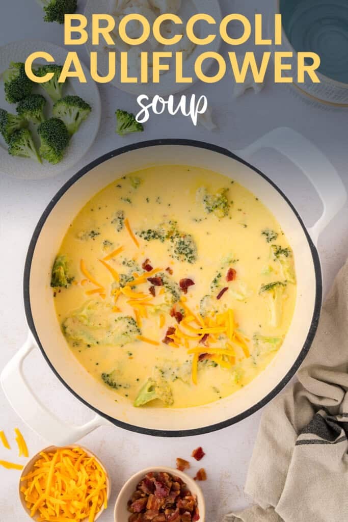 Pot full of cauliflower broccoli soup with text for Pinterest.