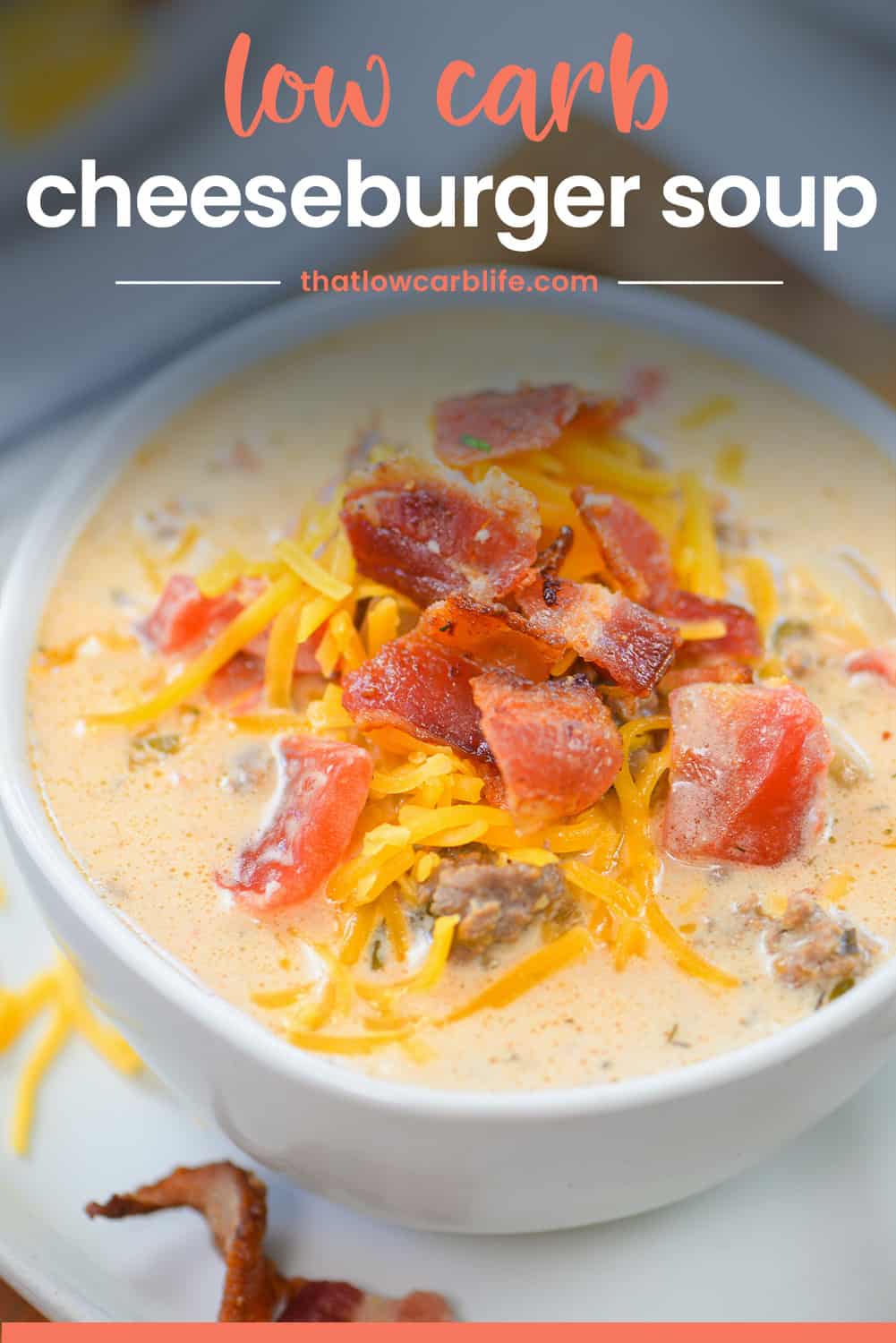 Keto bacon cheeseburger soup in white bowl.