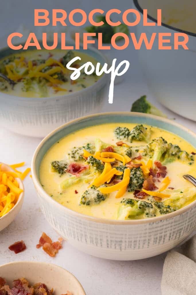 Broccoli and cauliflower soup with cheese in bowl.