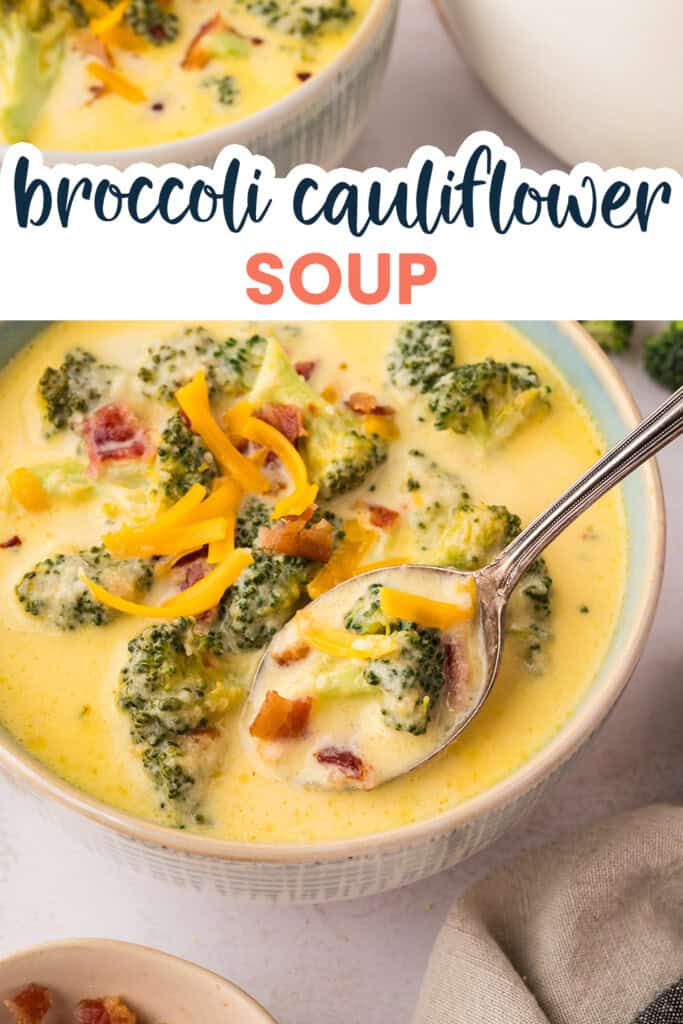 Broccoli cauliflower soup recipe with spoon in a bowl.