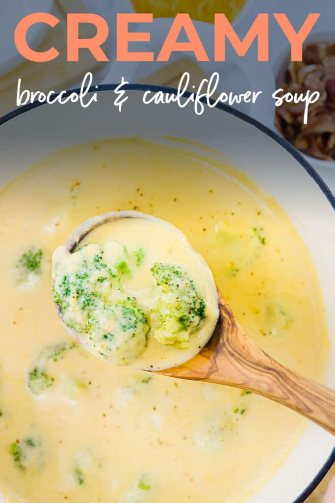 Creamy cauliflower and broccoli soup on ladle.
