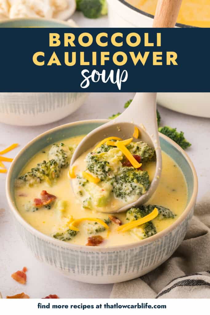 Ladle pouring keto broccoli cauliflower soup into bowl.