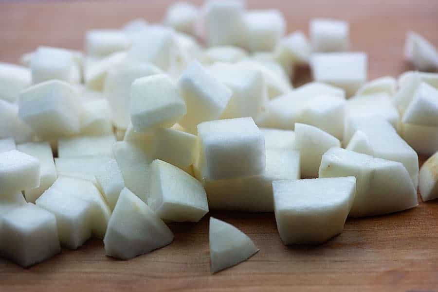 diced turnips on cutting board