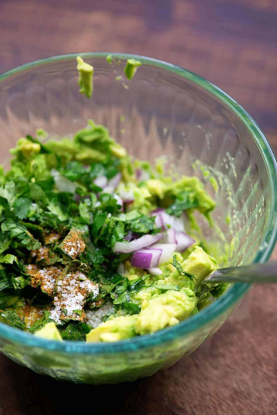 guacamole in glass bowl