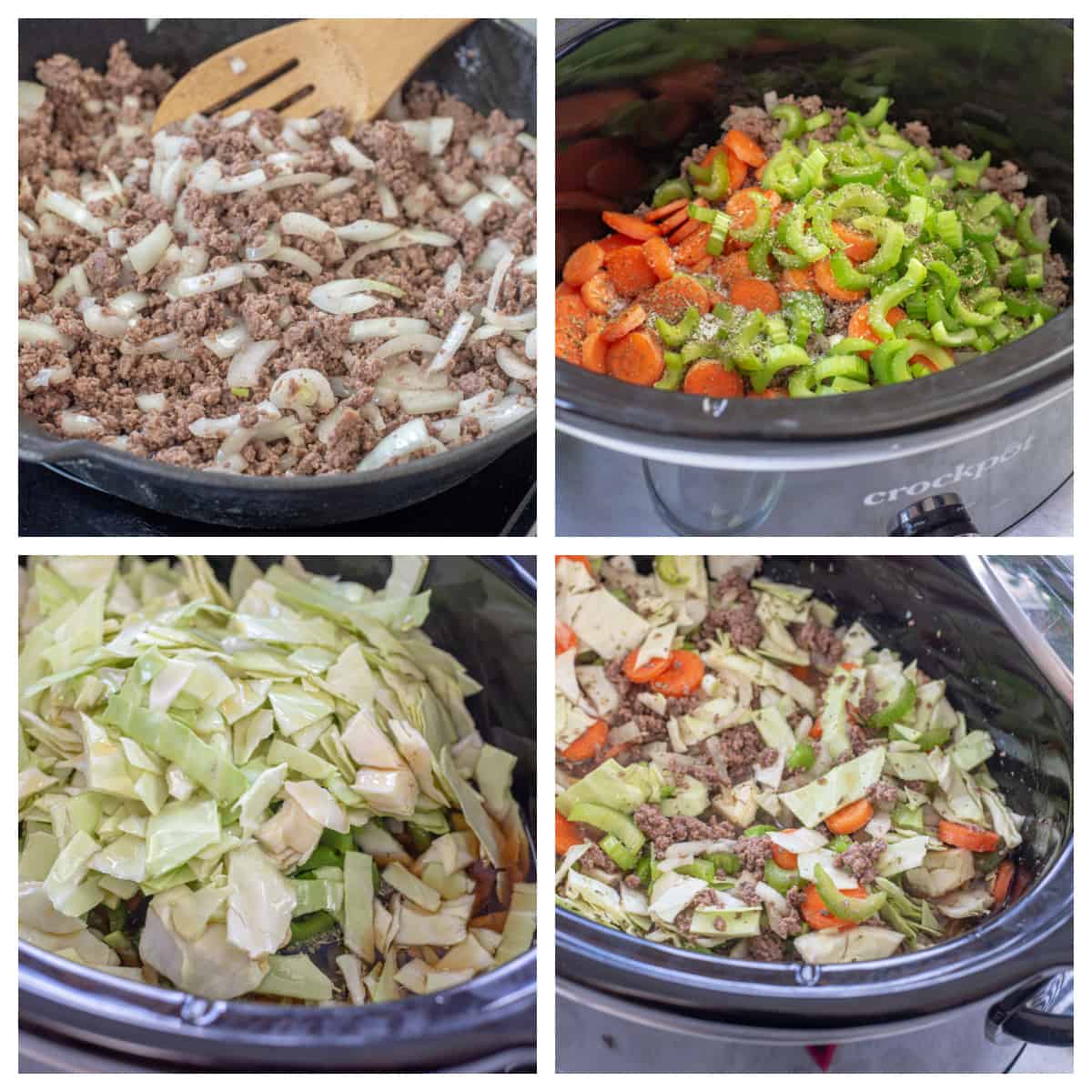 collage showing how to make crockpot cabbage soup,