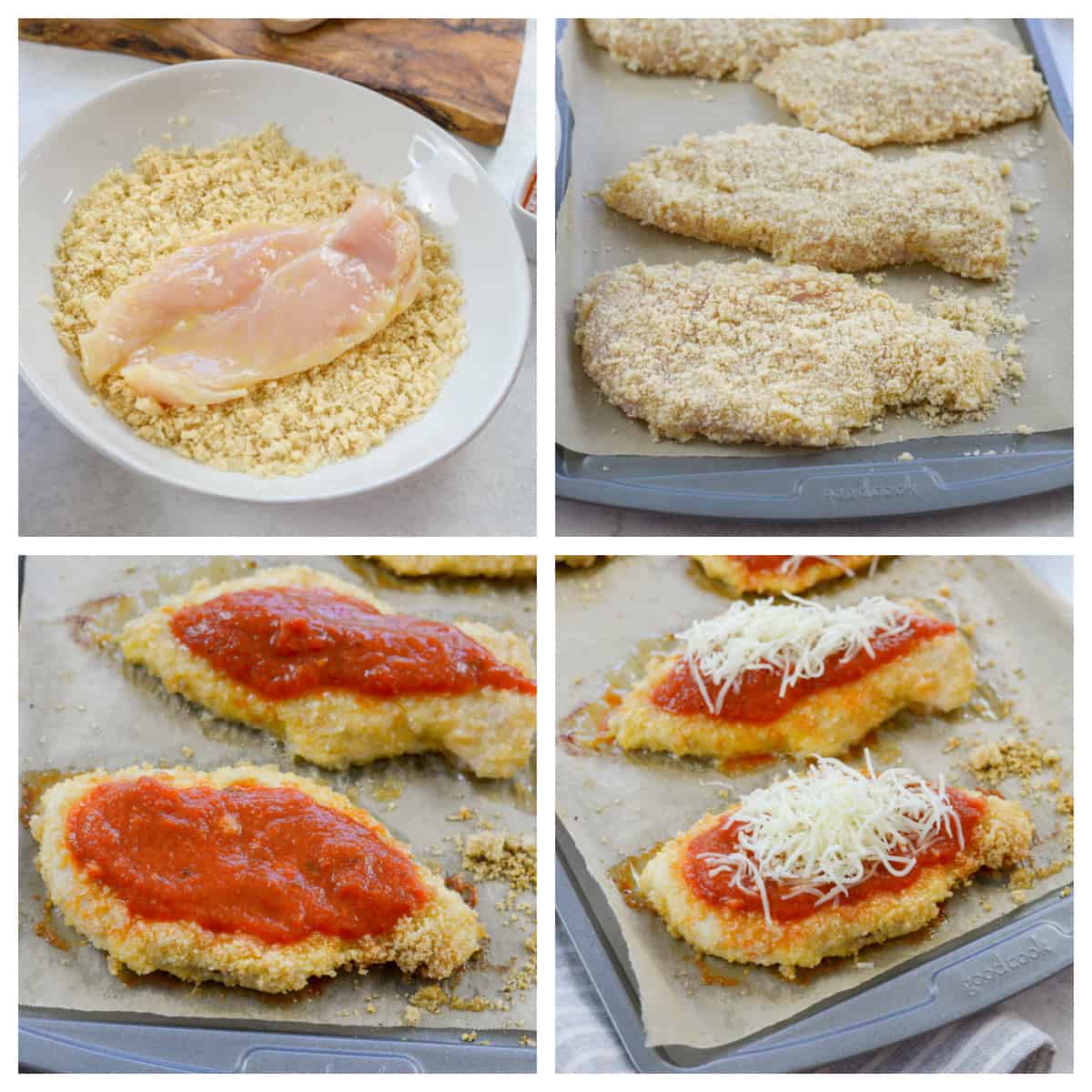 Collage showing how to make low carb chicken parmesan.