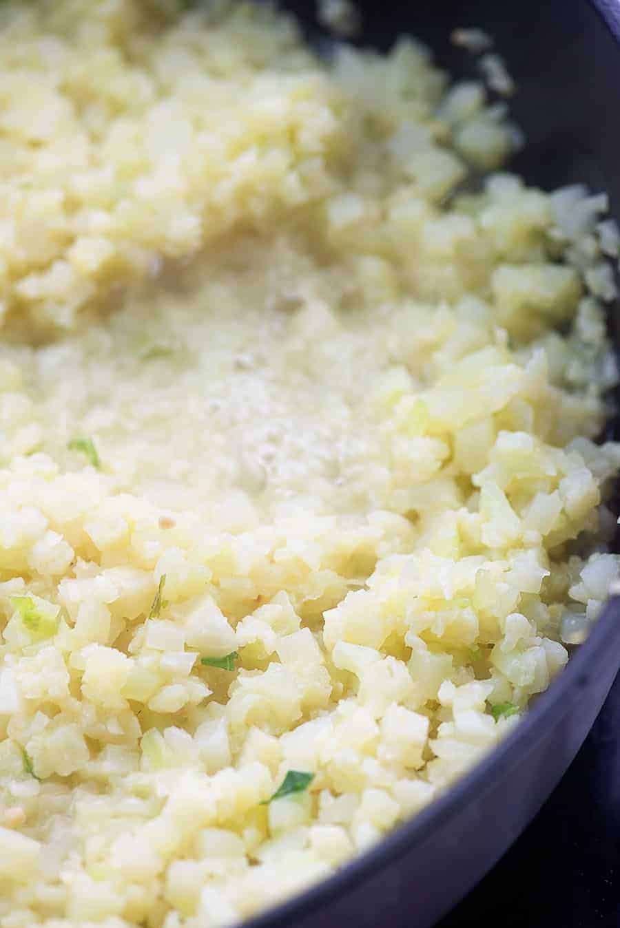 riced cauliflower in pot