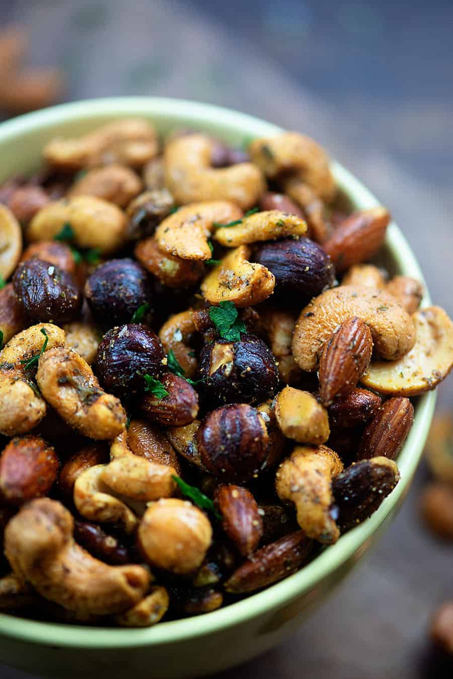 Ranch roasted nuts in a small bowl