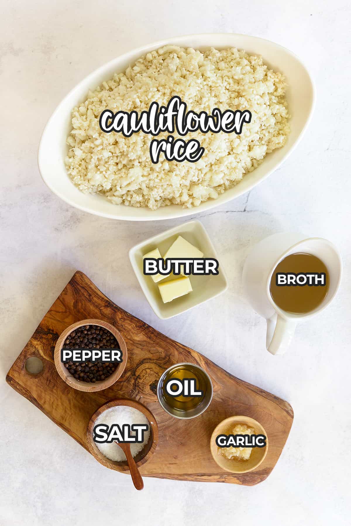 Ingredients for mashed cauliflower recipe.