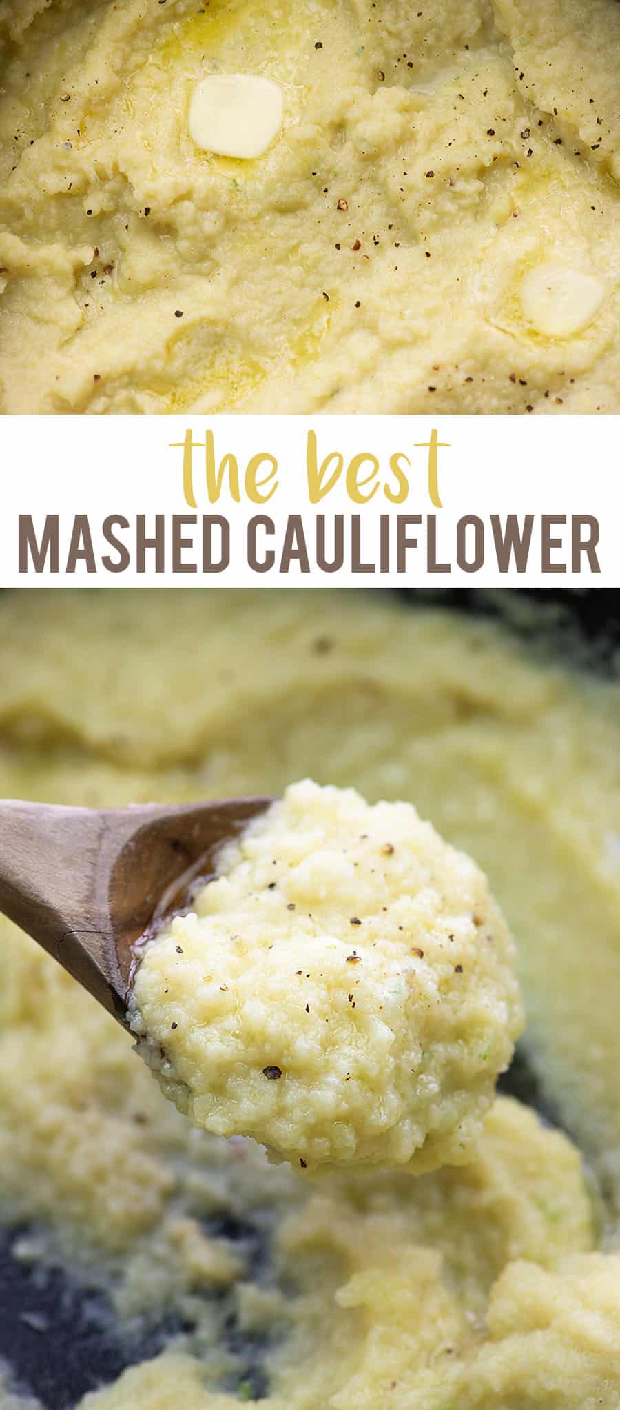 wooden spoon with a large scoop of mashed cauliflower