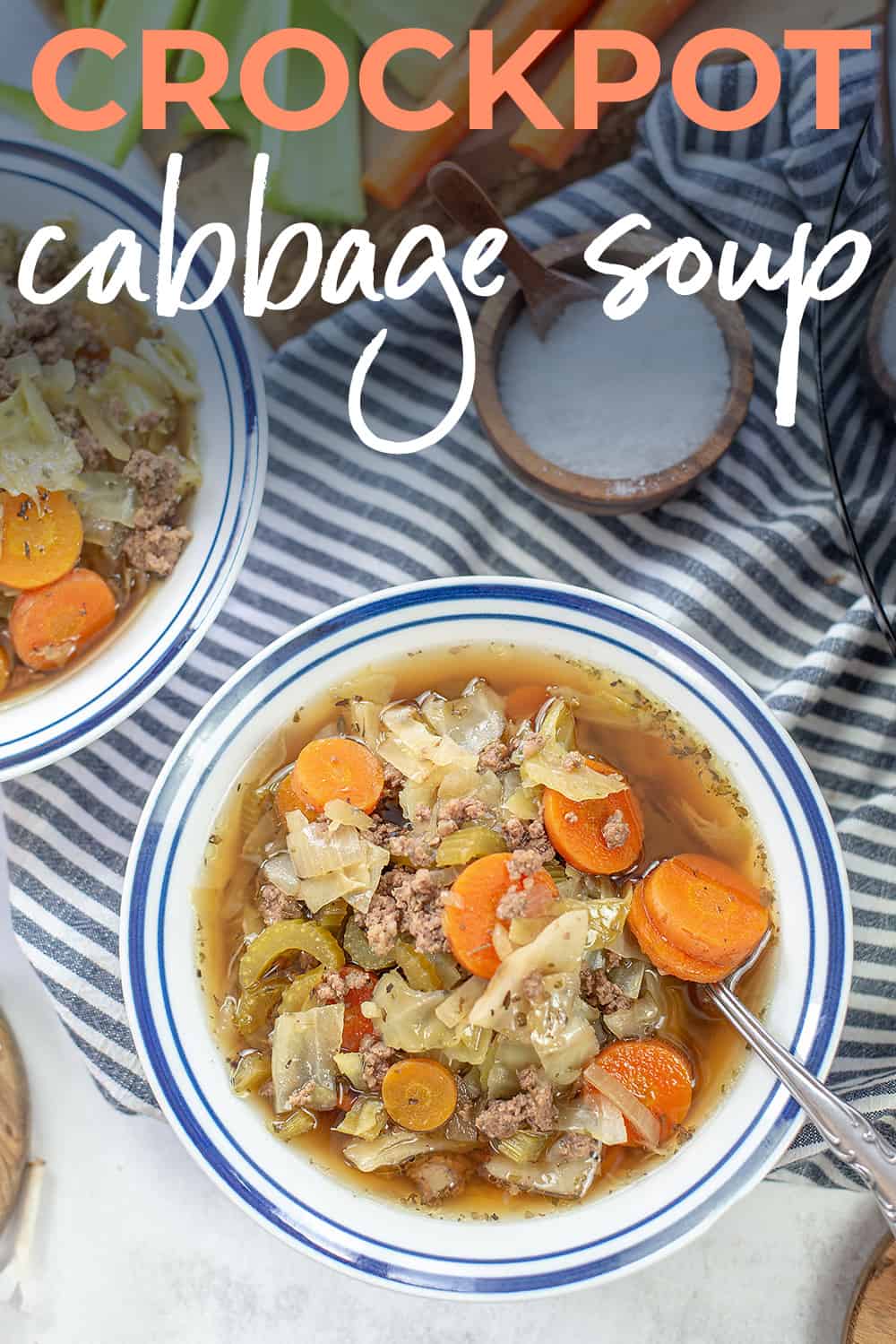bowl of cabbage soup with text for Pinterest.