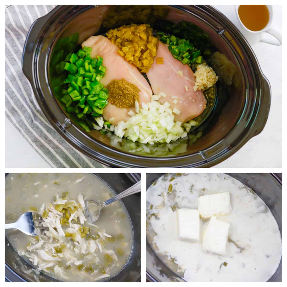 Collage showing how to make white chicken chili in a crockpot.