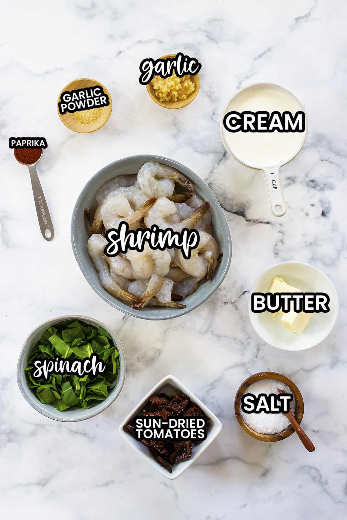 Ingredients for creamy tuscan shrimp recipe.