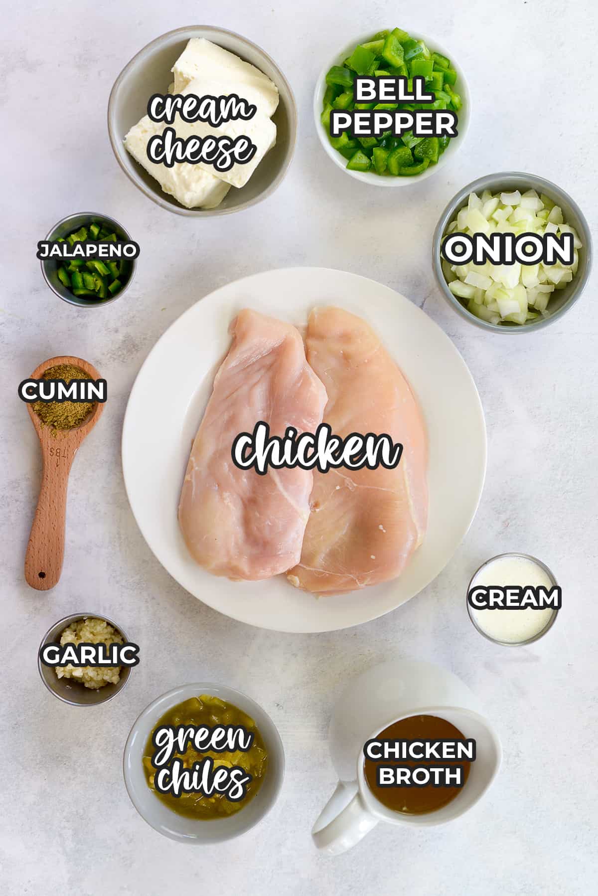 Ingredients for keto white chicken chili recipe.