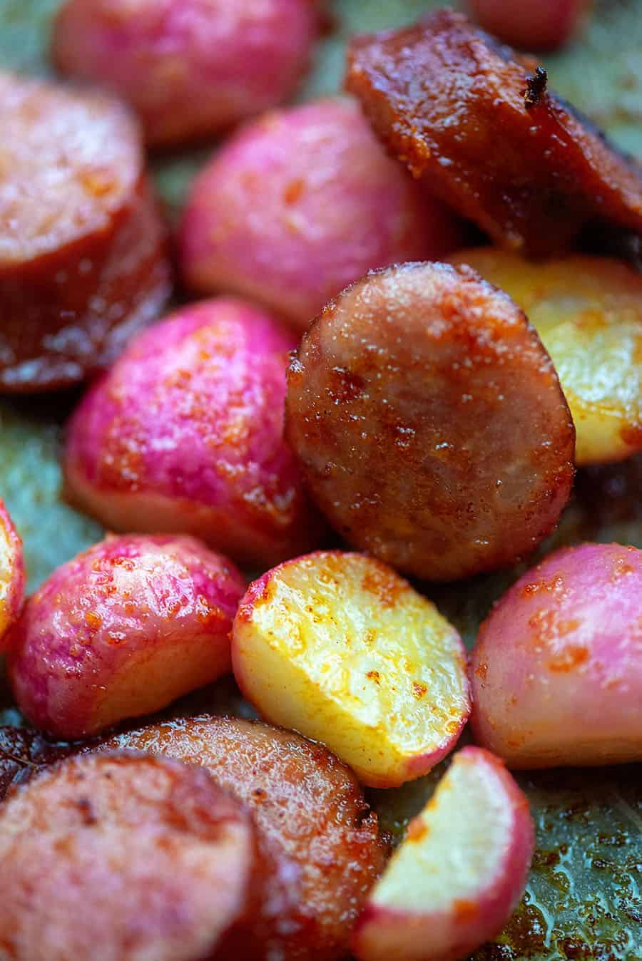 roasted radishes and sausage on sheet pan