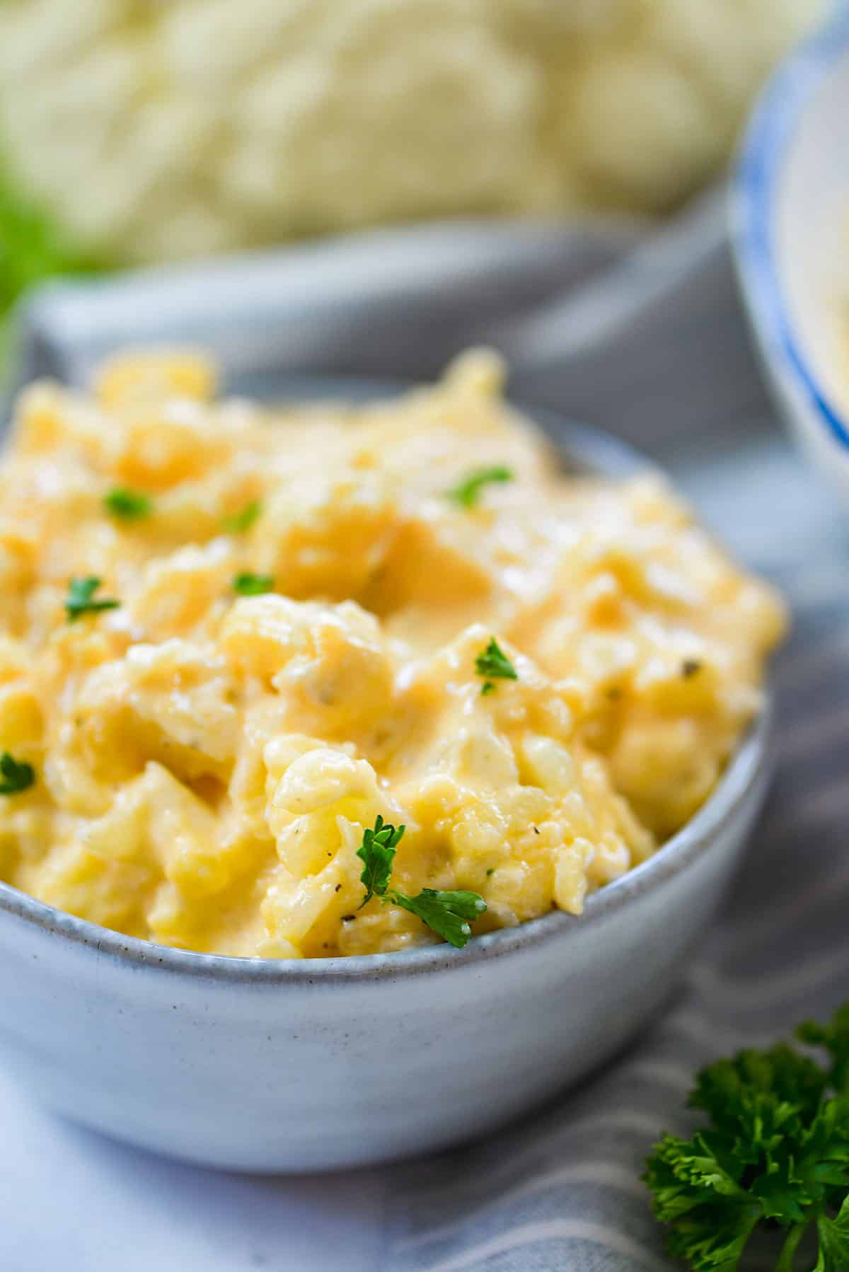 cauliflower mac and cheese in small bowl.