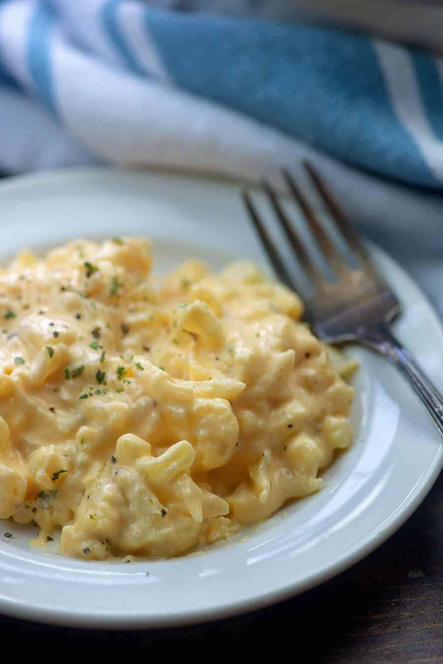 low carb cauliflower mac and cheese on white plate
