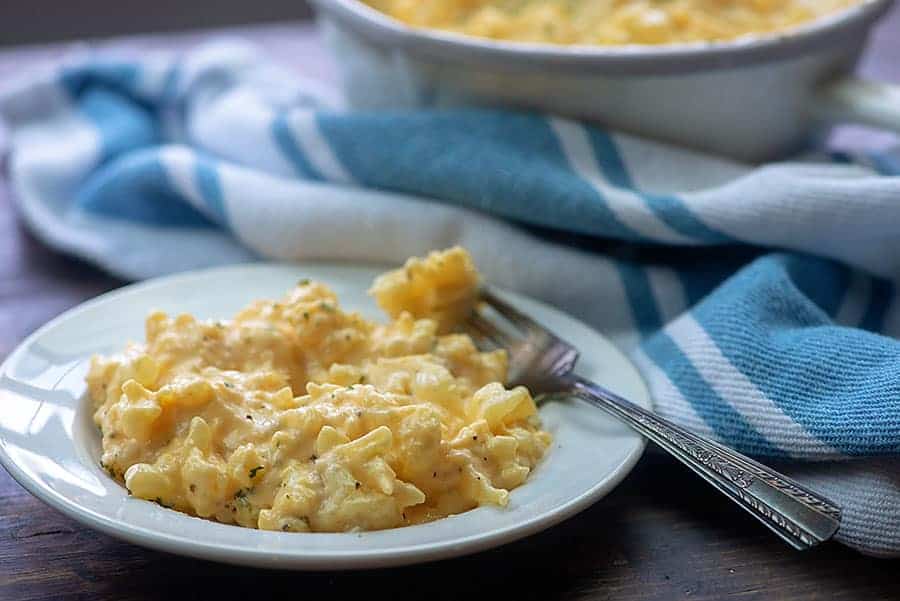 low carb mac and cheese on white plate