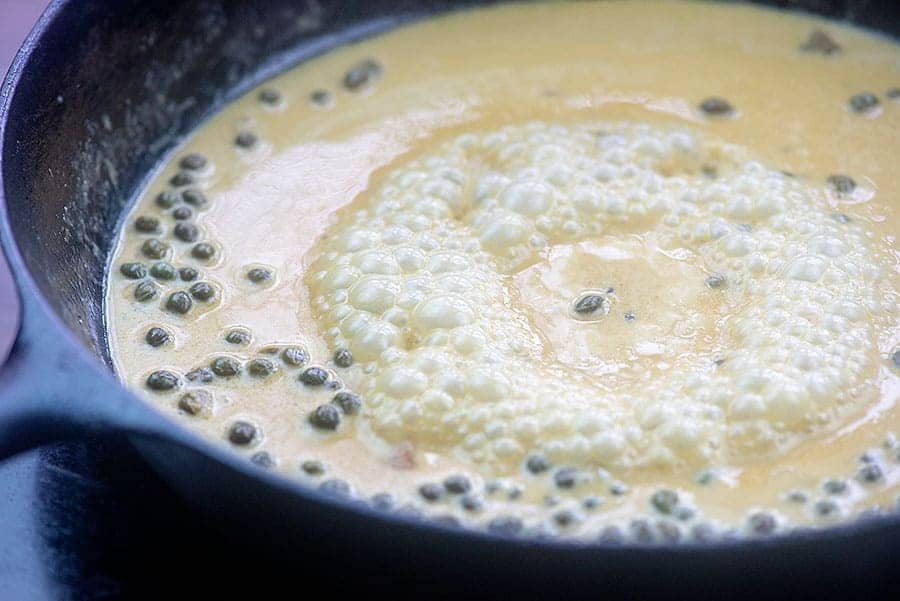 lemon caper sauce in skillet