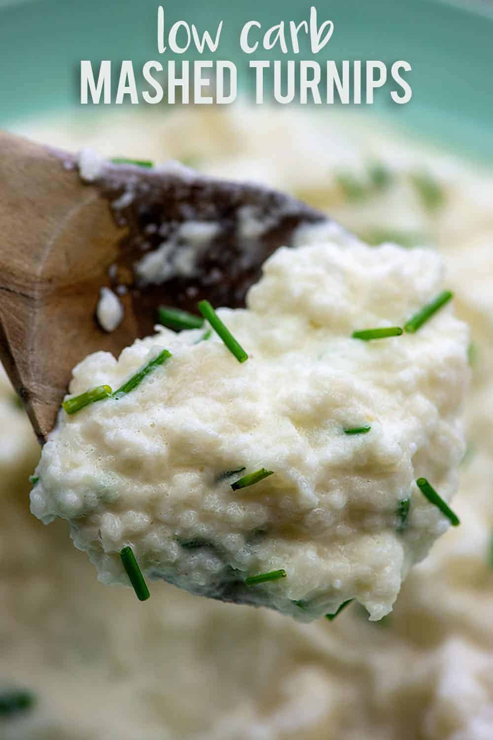 Wooden spoon of low carb mashed turnips