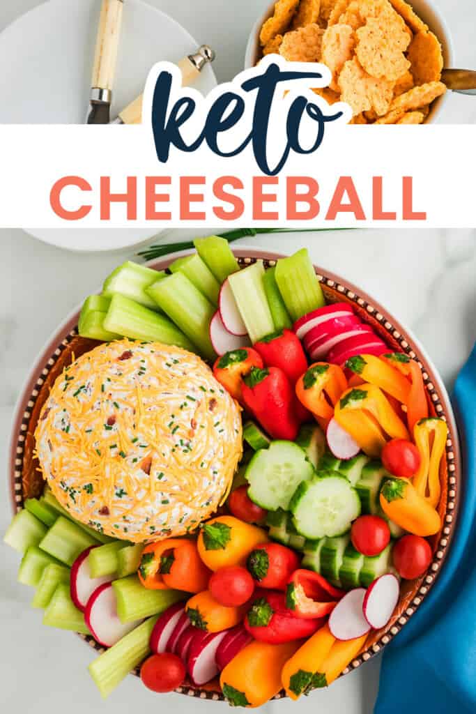 Cheese ball on platter surrounded by low carb vegetables.