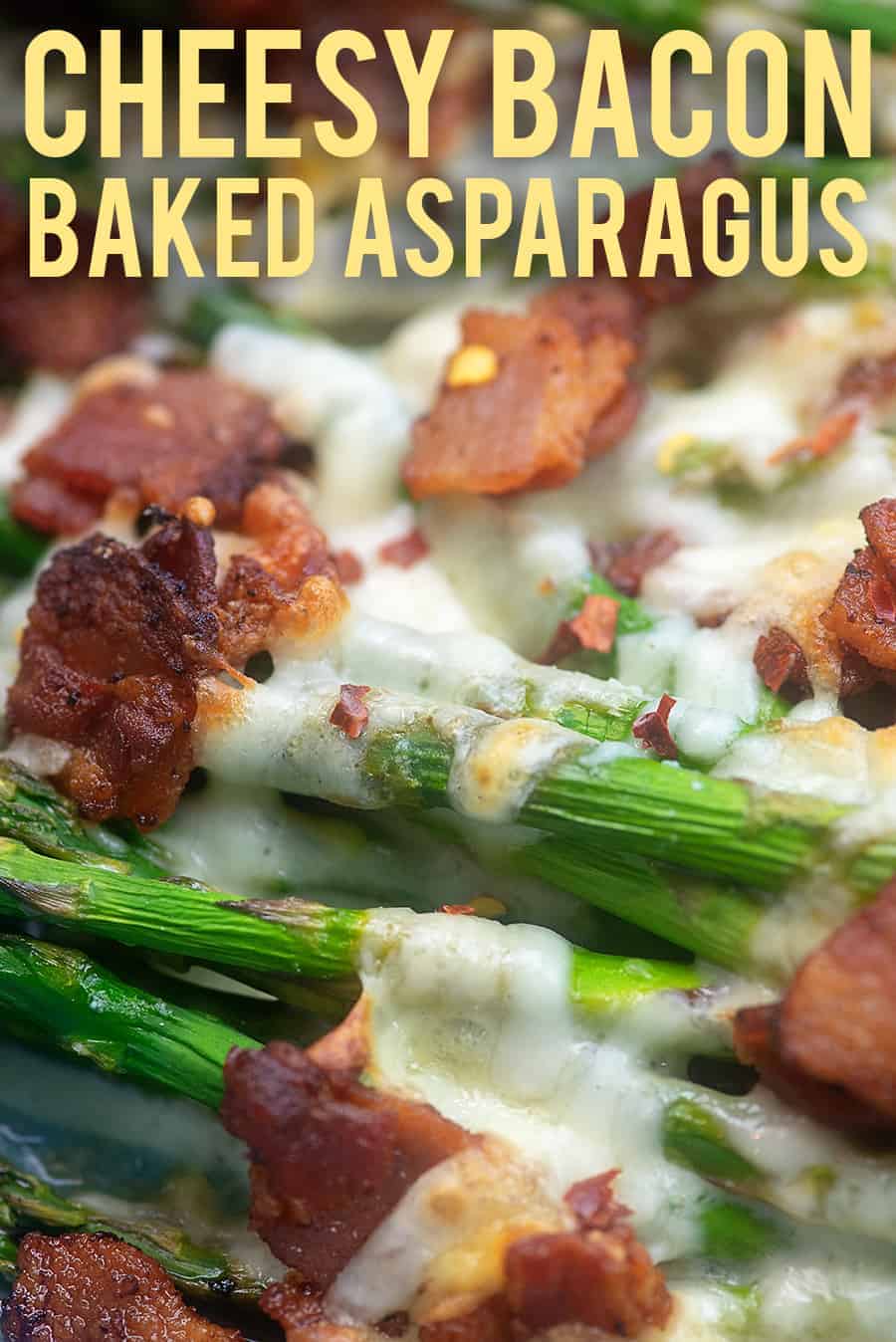 cheesy asparagus in blue dish.