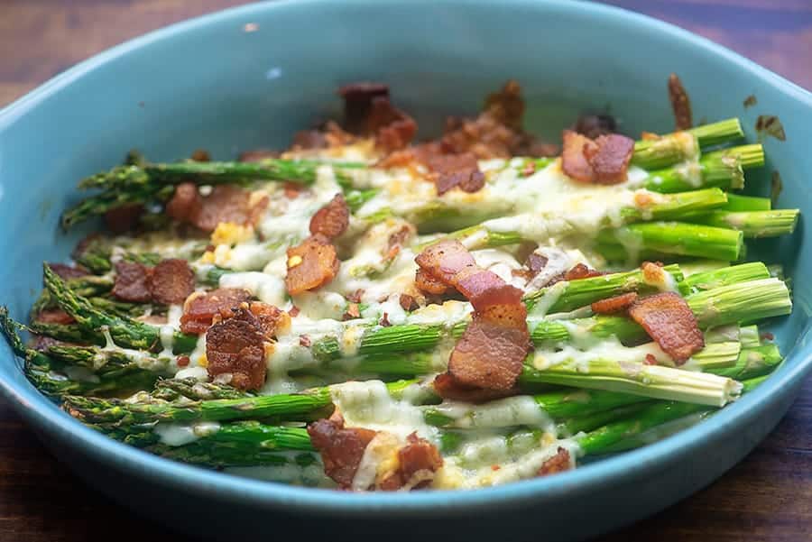 asparagus in blue dish.