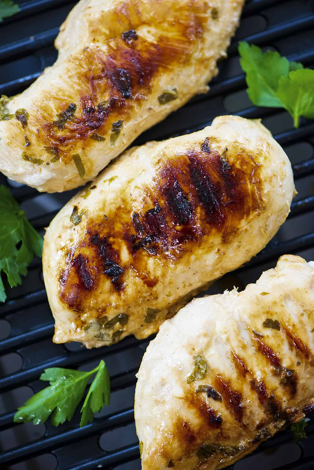 Grilled chicken on grill.