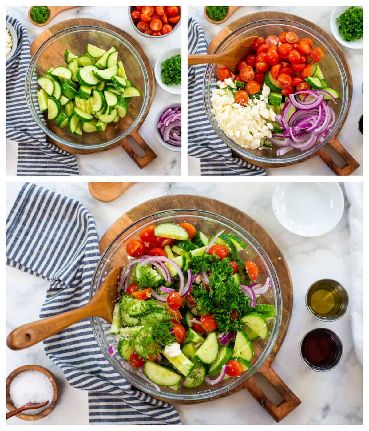 Collage showing how to make cucumber salad.