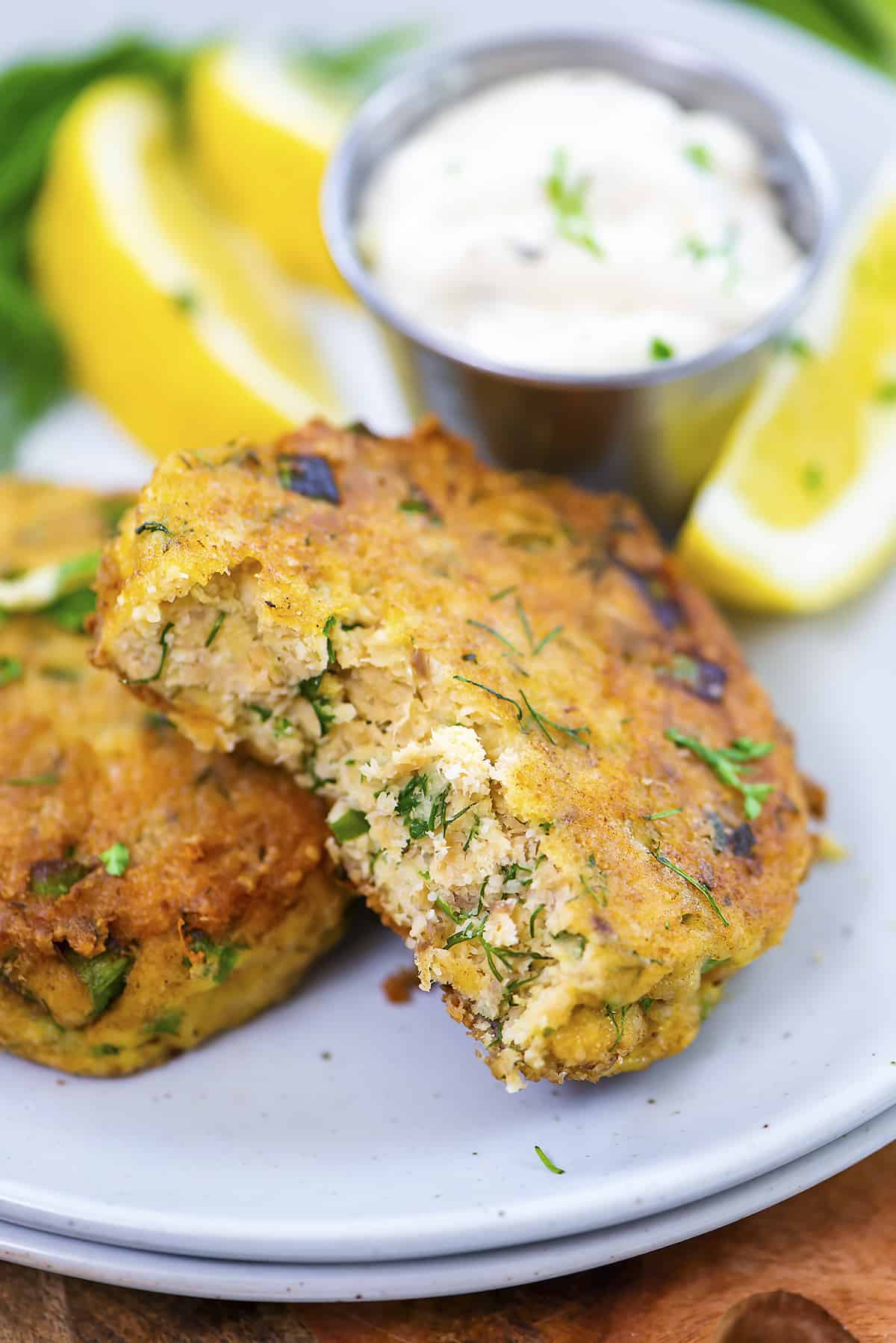 Salmon patties on plate.