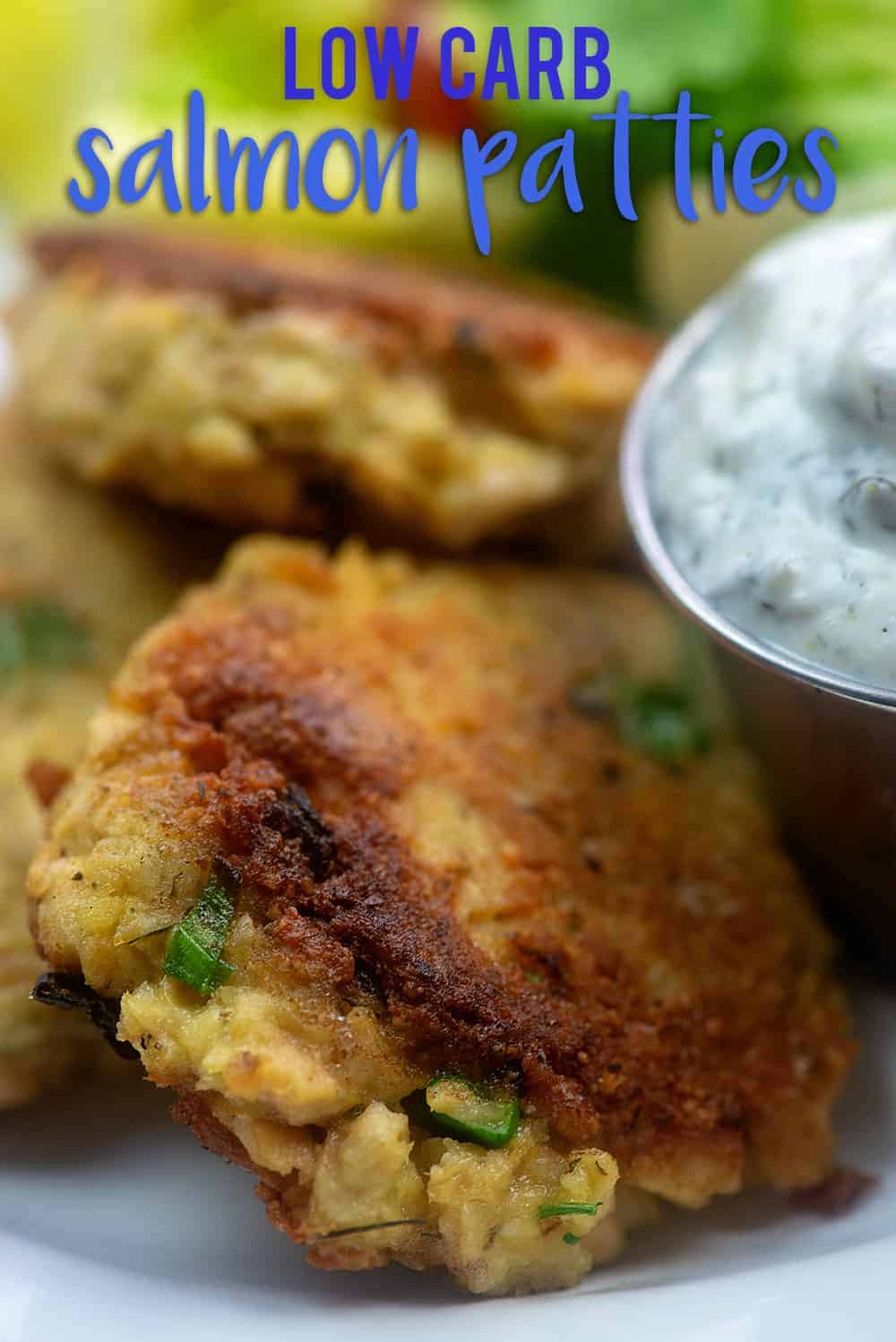 low carb salmon patties on white plate.