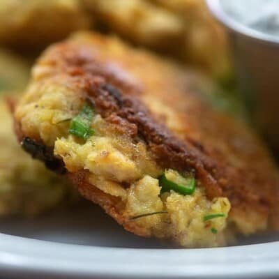 close up of salmon patty.