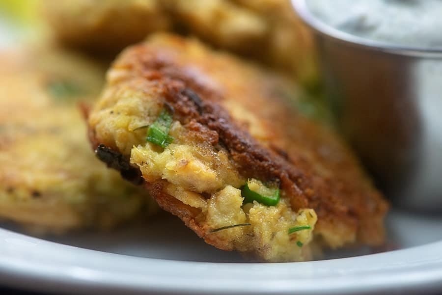 close up of salmon patty.