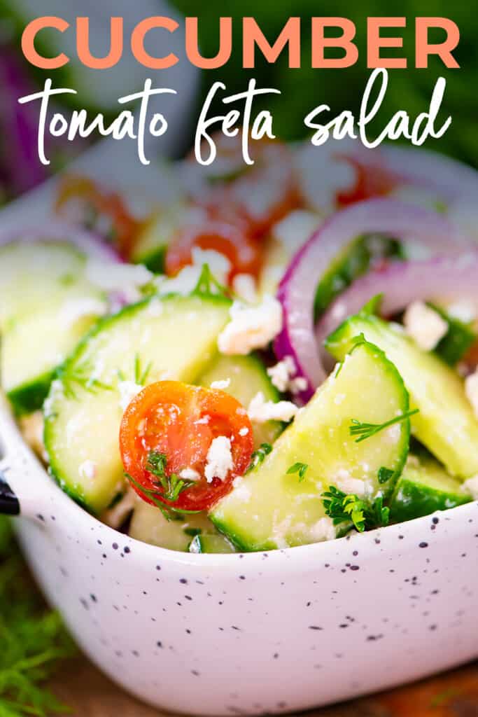 Bowl of cucumber salad with text for Pinterest.