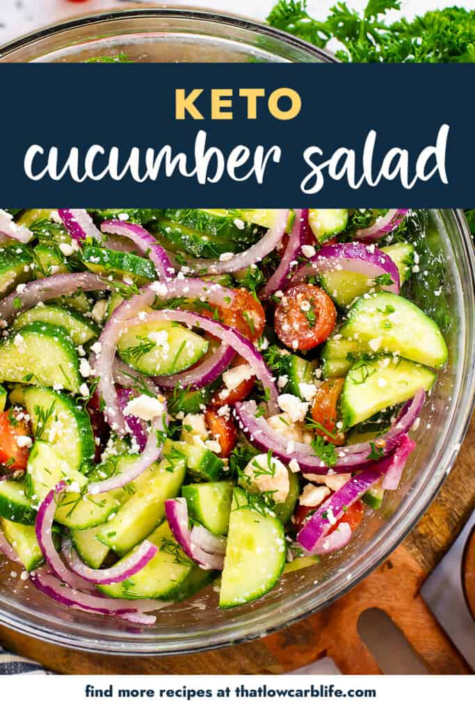 Cucumber salad in glass bowl with Pinterest text overlay.