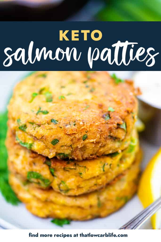 Stack of salmon patties with text for Pinterest.