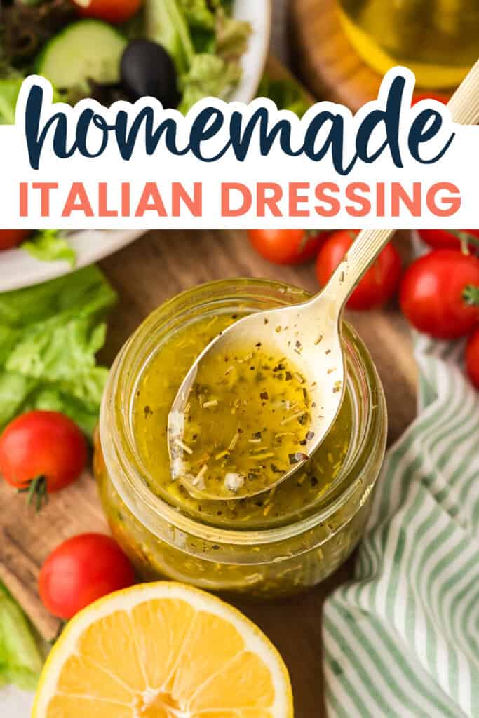 Homemade Italian dressing in mason jar with spoon.