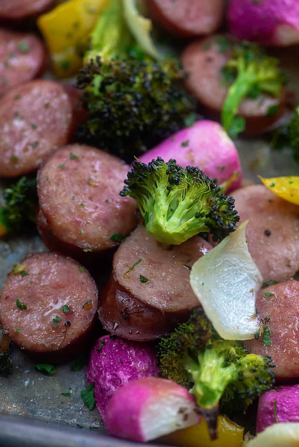 smoked sausage sheet pan dinner.