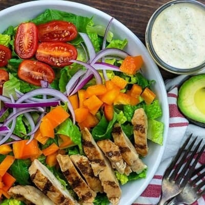 overhead view of salad in bowl.