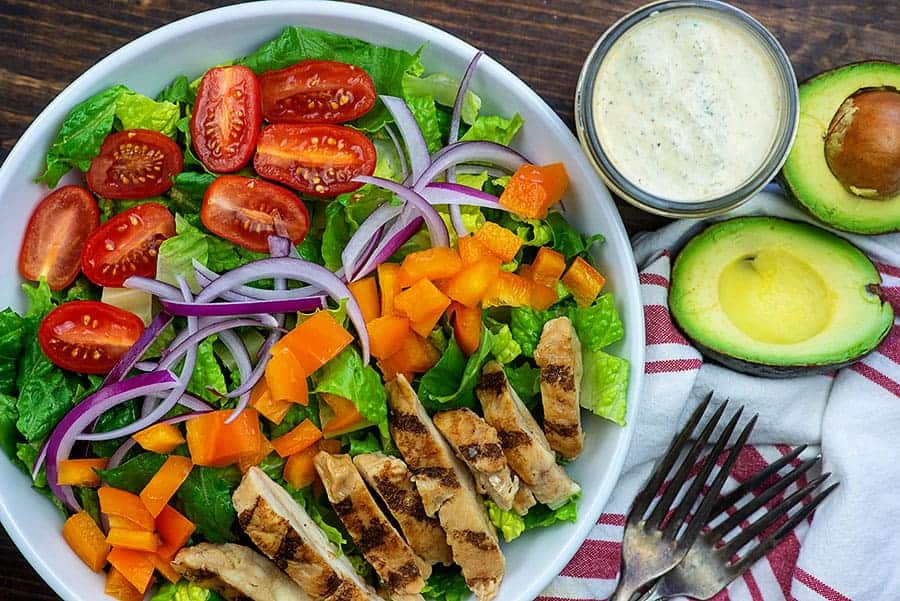 overhead view of salad in bowl.