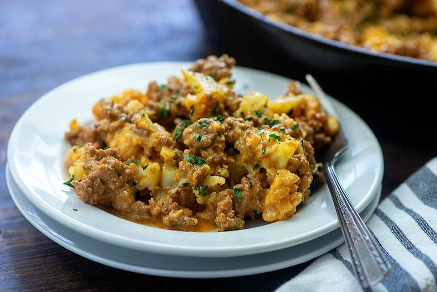 white plate of low carb hamburger helper