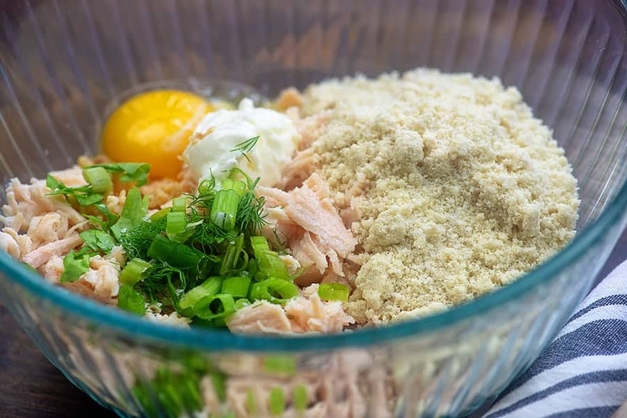 chicken patty ingredients in glass bowl.