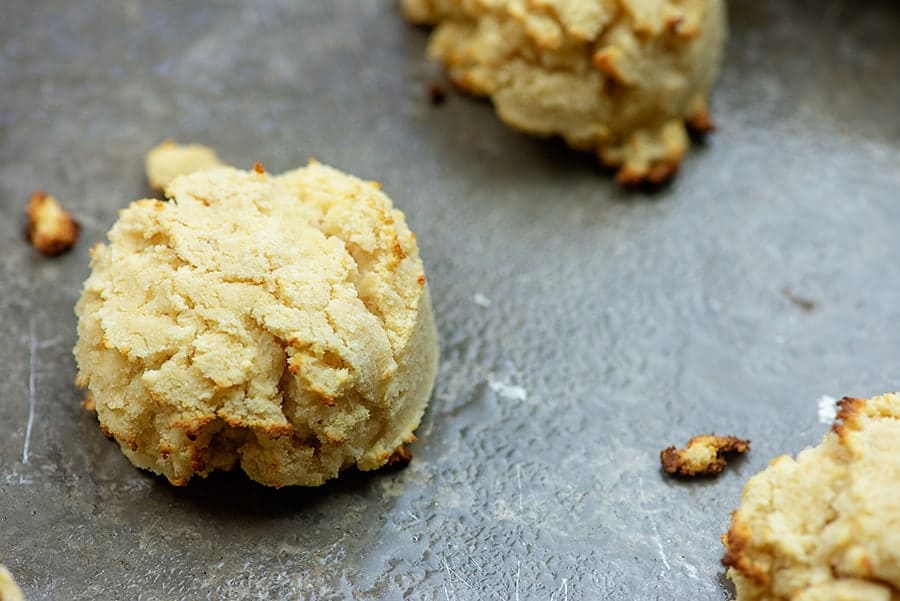 baked almond flour biscuits on cookie sheet