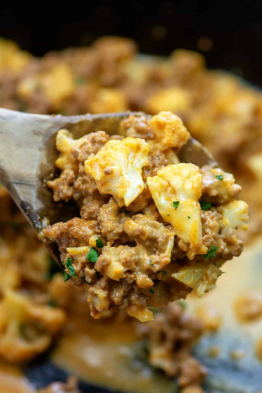 healthy hamburger helper on a wooden spoon